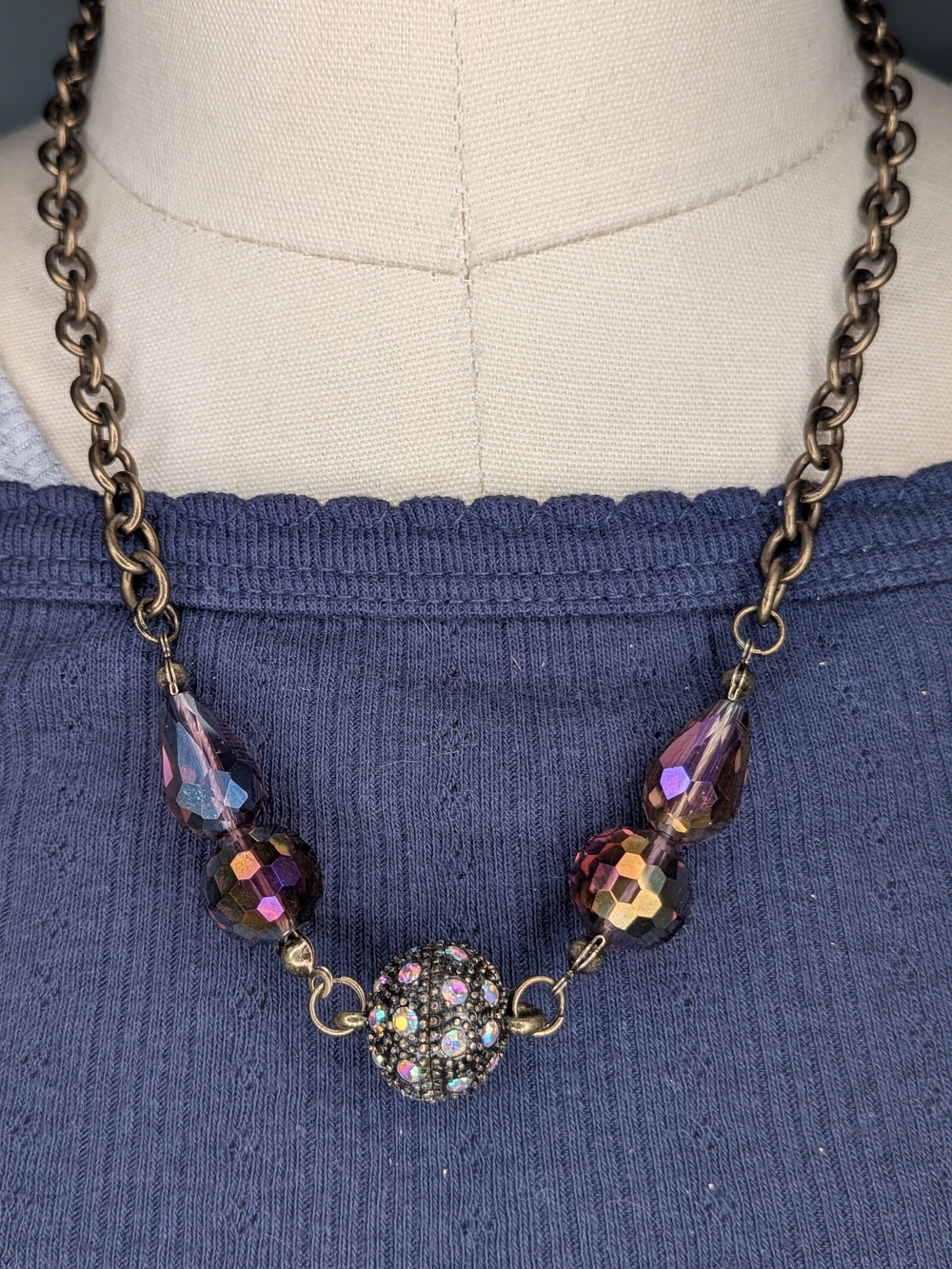 Vintage Style Antique Brass AB Rhinestone Orb Faceted Crystal Station Necklace